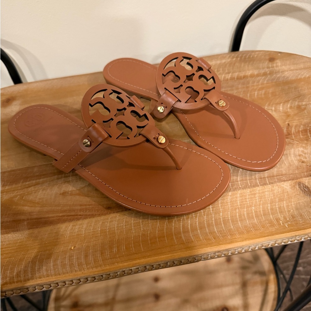 Tory Burch Tan Leather Sandals with Iconic Logo. Never worn.